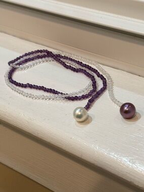 Amethyst and Clear Bead Lariat Necklace with White and Purple Pearl Ends